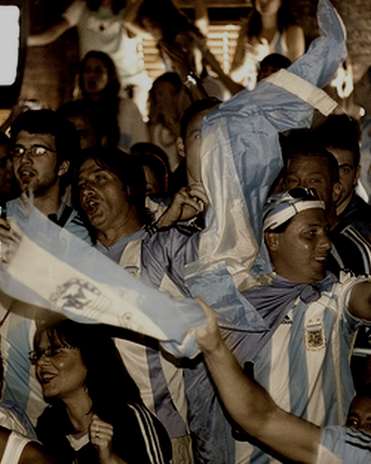 National team supporters celebrating with flags and country colours